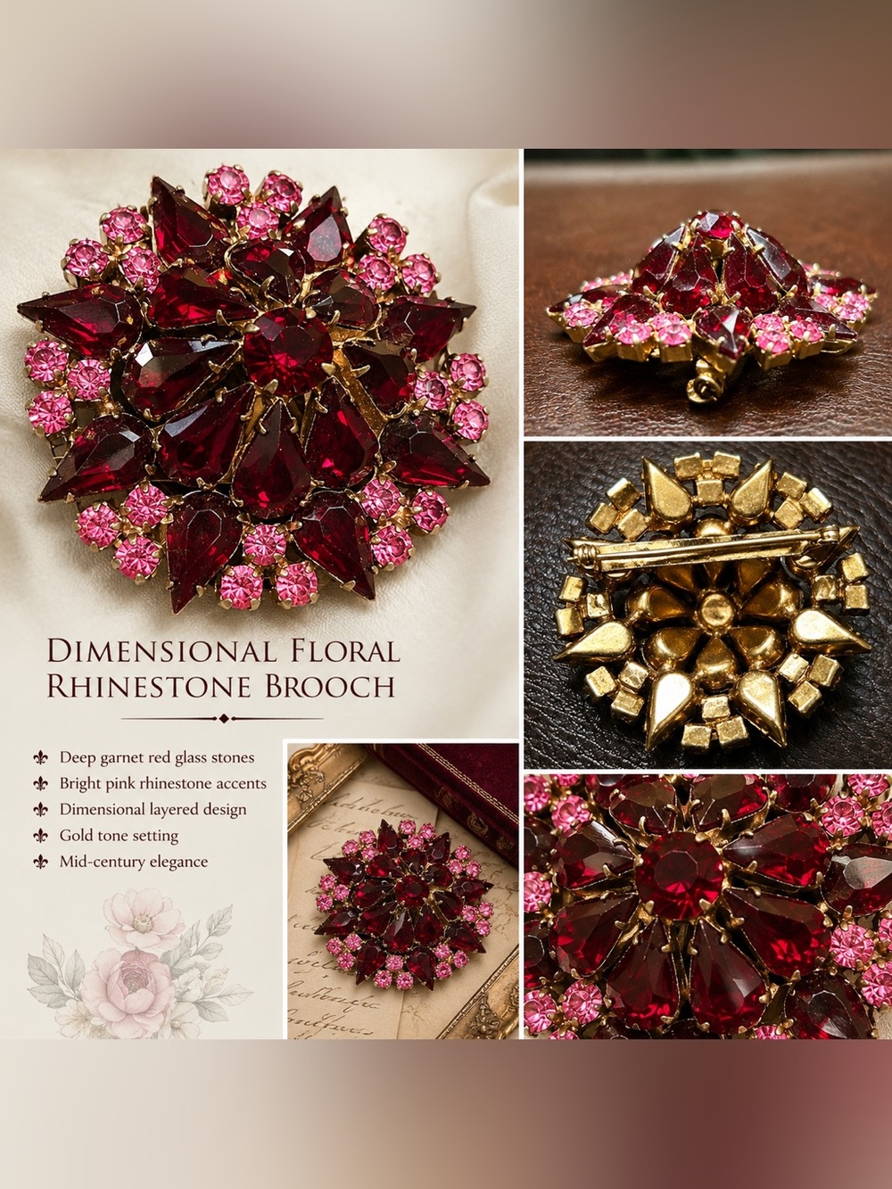Dimensional Vintage Floral Red and Pink Rhinestone Brooch - Gold Tone